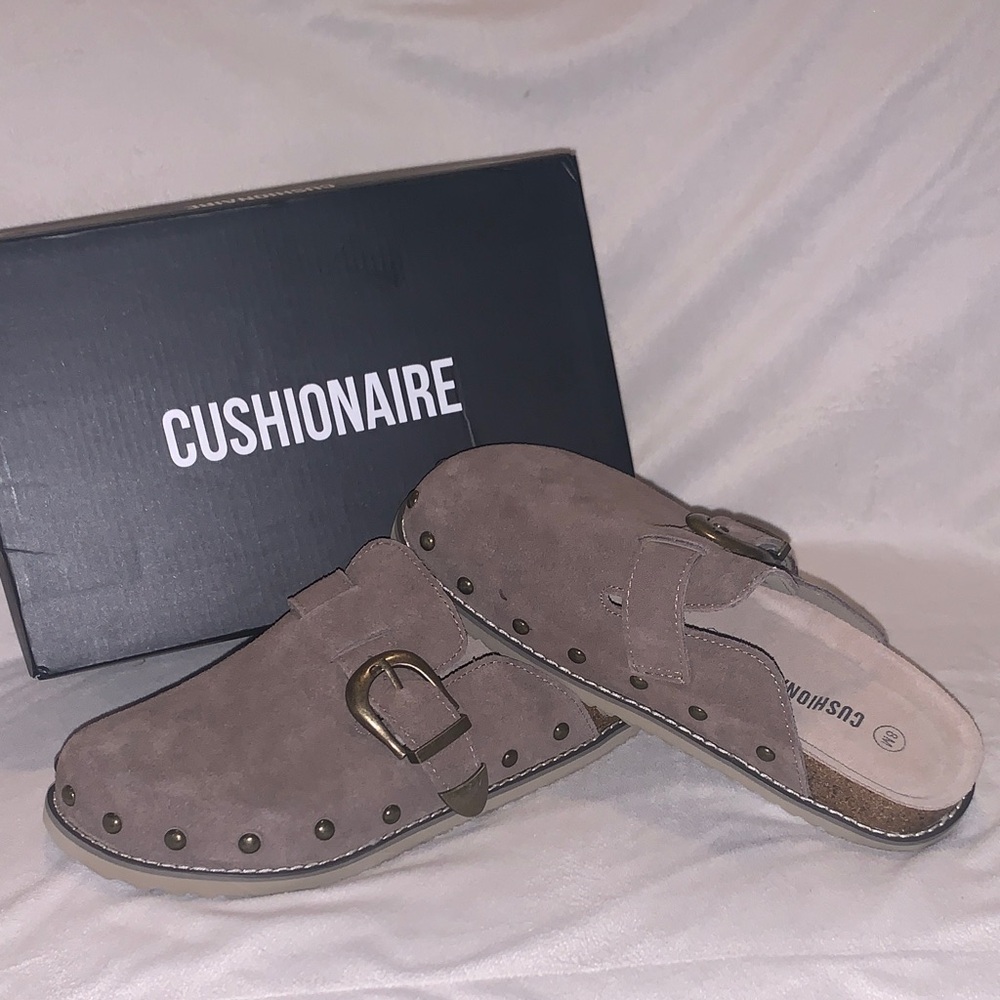Cushionaire Taupe Suede Studded Clog Mule with Buckle